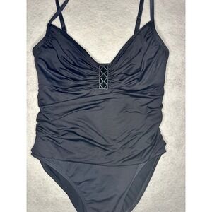 LA BLANCA Black One-Piece‎ Swimsuit Tummy Control Ruched Front Size 12